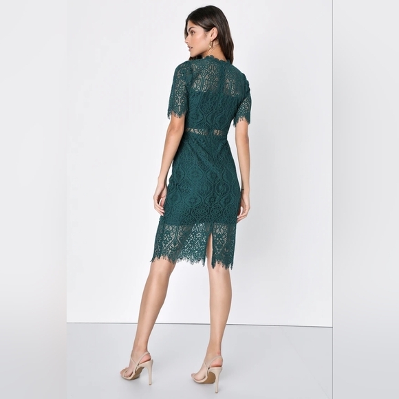 NWT Elegant Wedding Guest Lace Dress GreenShort Sleeve Dress -- Size M - Picture 2 of 12